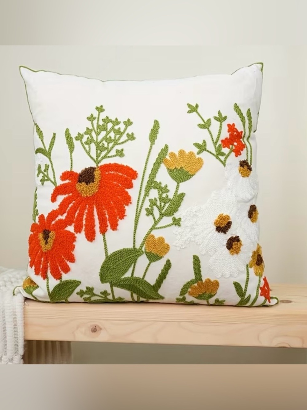 Embroidered Floral Throw Pillow - White with Orange & Green-NWOT